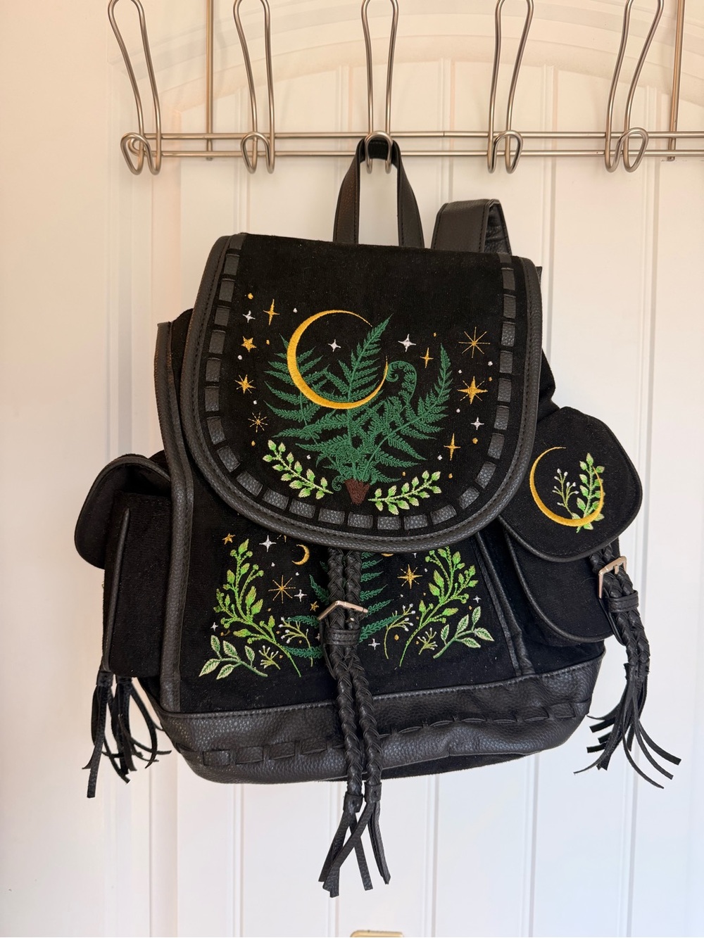 Black Embroidered Moon & Fern Drawstring Backpack